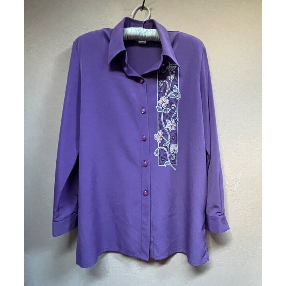 Vintage Graff Womens Floral/Bead Button Down Shirt Top Medium Purple Long Sleeve